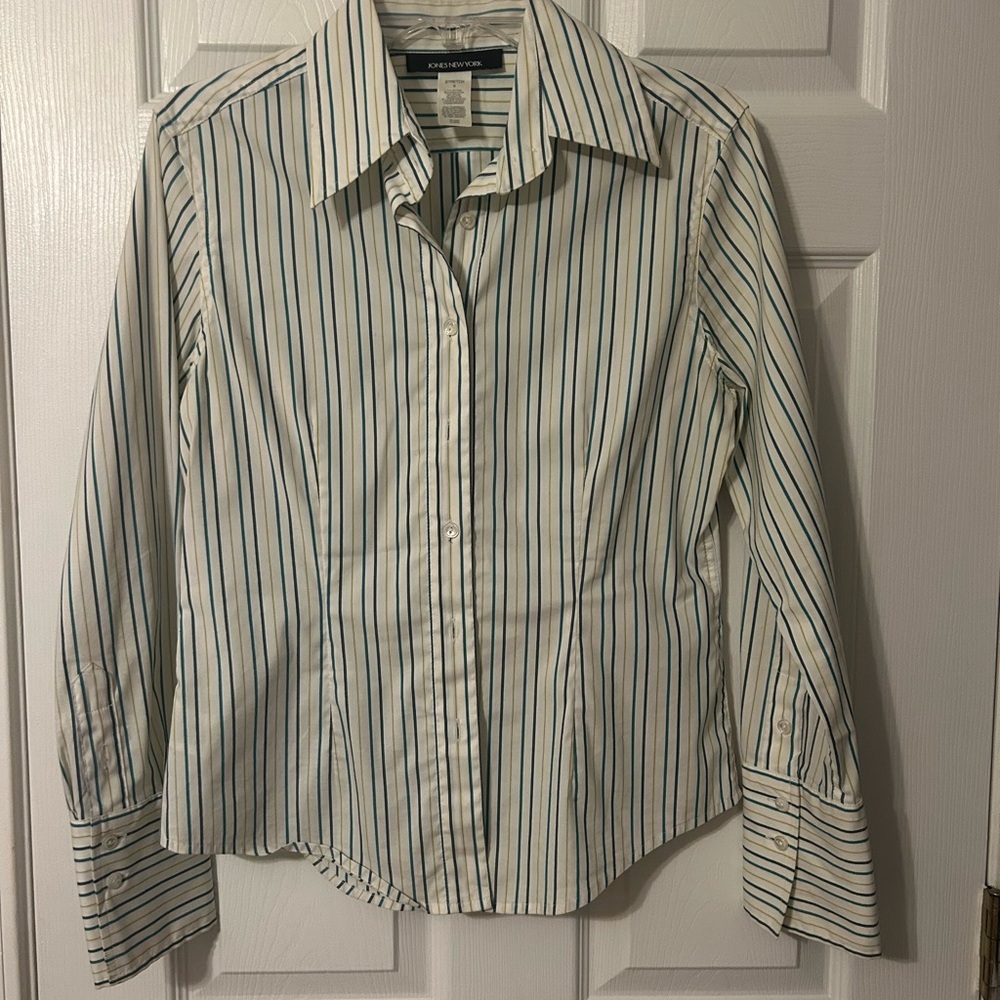 Jones New York Blue and White Dress Shirt with Vertical Stripes